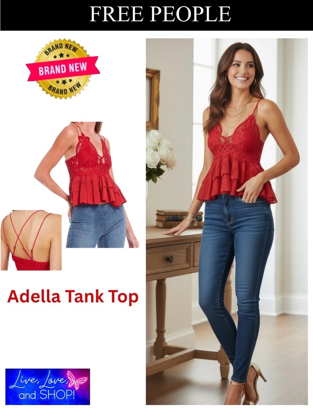 FREE PEOPLE Adella Tank Top - Red Lace Peplum Cami, NWT